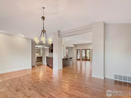 Chandelier, Empty room, Interior, Kitchen, Pendant Lights, Recessed Lighting, Wood Texture Flooring