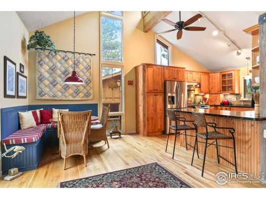 Dining room, Interior, Kitchen, Pendant Lights, Stainless Steel Appliances, Wooden Beams, Wood Texture Flooring