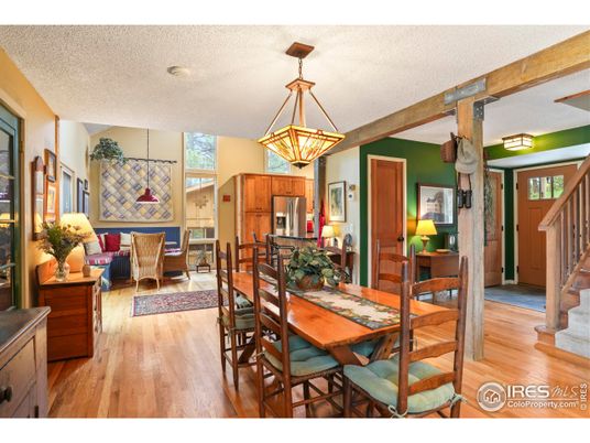 Dining room, Interior, Kitchen, Living room, Pendant Lights, Wooden Beams, Wood Texture Flooring