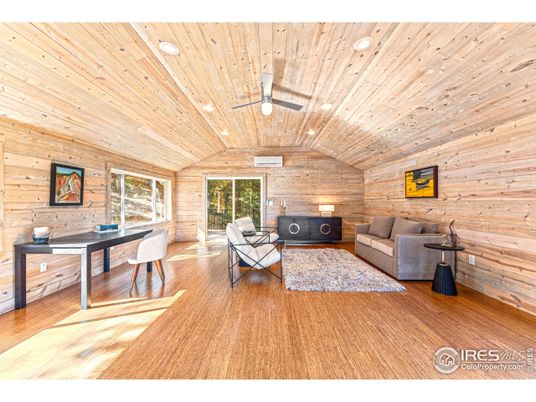 Fireplace, Home Office, Interior, Living room, Recessed Lighting, Stone Walls, Wooden Ceilings, Wood Texture Flooring, Wooden Walls