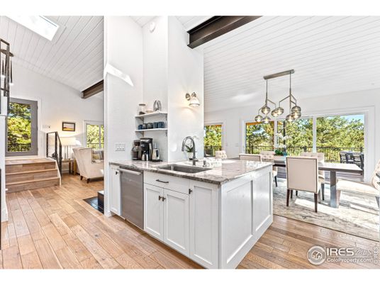 Dining room, Interior, Kitchen, Pendant Lights, Stainless Steel Appliances, Wooden Beams, Wood Texture Flooring