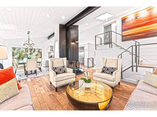 Dining room, Fireplace, Interior, Living room, Pendant Lights, Recessed Lighting, Wood Texture Flooring