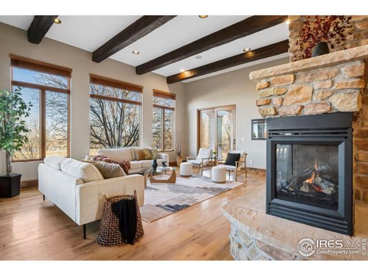 Fireplace, Interior, Living room, Recessed Lighting, Stone Walls, Wooden Beams, Wood Texture Flooring