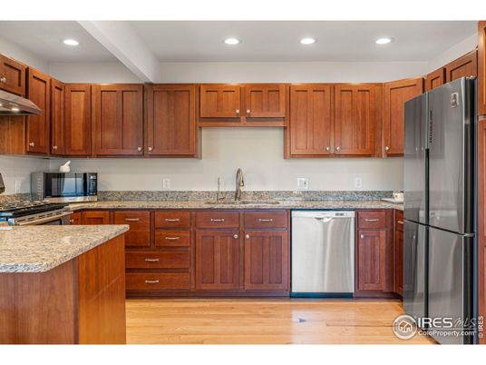 Interior, Kitchen, Recessed Lighting, Stainless Steel Appliances, Wood Texture Flooring