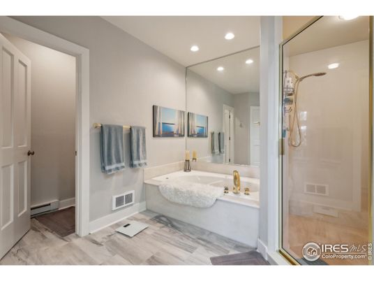Bathroom, Glass Shower, Interior, Recessed Lighting, Wood Texture Flooring
