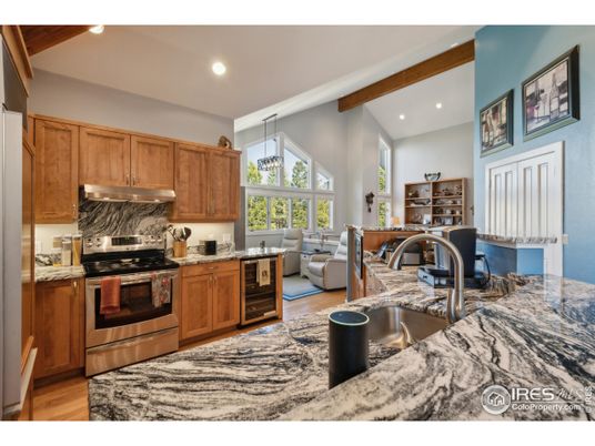 Interior, Kitchen, Living room, Recessed Lighting, Stainless Steel Appliances, Wooden Beams, Wood Texture Flooring