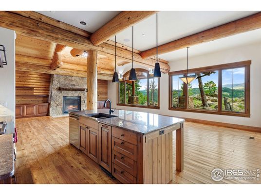 Fireplace, Interior, Kitchen, Pendant Lights, Recessed Lighting, Wooden Beams, Wooden Ceilings, Wood Texture Flooring, Wooden Walls