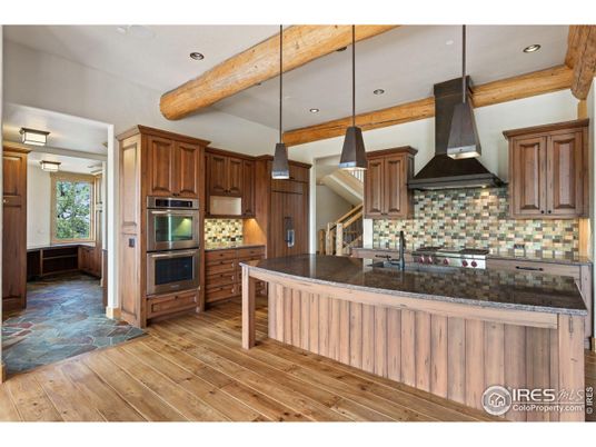 Interior, Kitchen, Pendant Lights, Recessed Lighting, Stainless Steel Appliances, Wooden Beams, Wood Texture Flooring