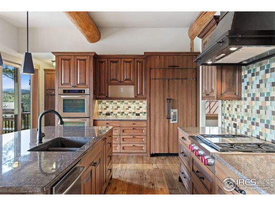 Interior, Kitchen, Pendant Lights, Stainless Steel Appliances, Wooden Beams, Wood Texture Flooring