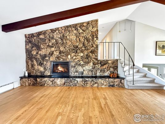 Fireplace, Interior, Recessed Lighting, Stone Walls, Wooden Beams, Wood Texture Flooring