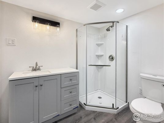 Bathroom, Glass Shower, Interior, Recessed Lighting, Wood Texture Flooring