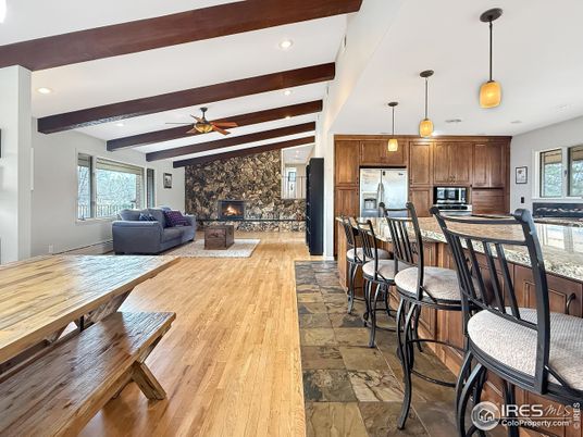 Dining room, Fireplace, Interior, Kitchen, Living room, Pendant Lights, Recessed Lighting, Stainless Steel Appliances, Wooden Beams, Wood Texture Flooring