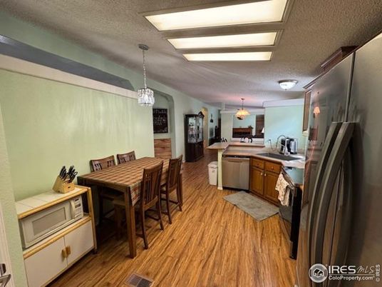 Dining room, Interior, Kitchen, Pendant Lights, Wood Texture Flooring