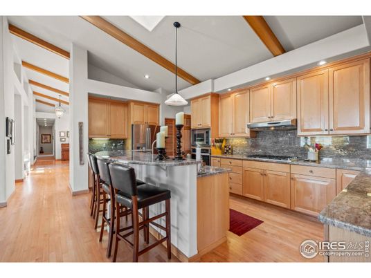 Interior, Kitchen, Pendant Lights, Recessed Lighting, Stainless Steel Appliances, Wooden Beams, Wood Texture Flooring