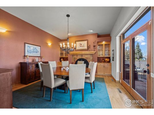 Chandelier, Dining room, Fireplace, Interior, Recessed Lighting, Wood Texture Flooring