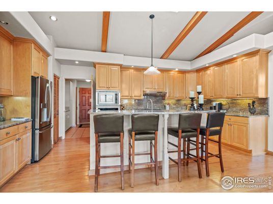 Interior, Kitchen, Pendant Lights, Recessed Lighting, Stainless Steel Appliances, Wooden Beams, Wood Texture Flooring