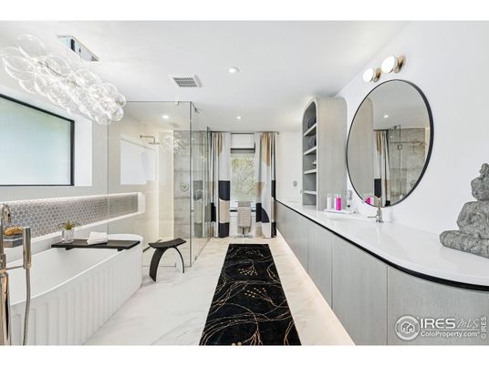 Bathroom, Dual Sink Vanities, Glass Shower, Interior, Marble, Recessed Lighting