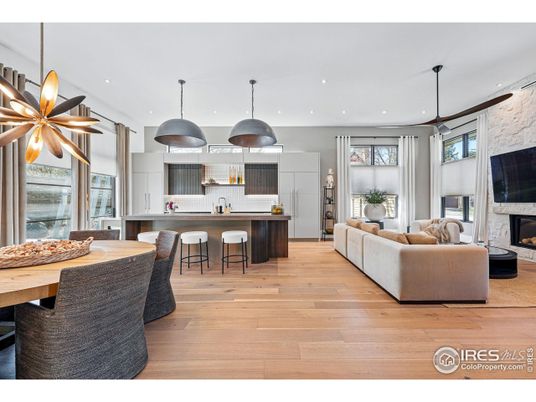 Dining room, Fireplace, Interior, Kitchen, Living room, Pendant Lights, Recessed Lighting, Stainless Steel Appliances, Stone Walls, Wood Texture Flooring