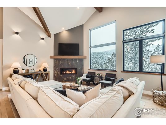 Fireplace, Interior, Living room, Recessed Lighting, Wooden Beams, Wood Texture Flooring