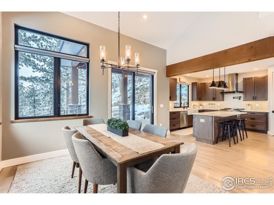 Chandelier, Dining room, Interior, Kitchen, Pendant Lights, Recessed Lighting, Wooden Beams, Wood Texture Flooring