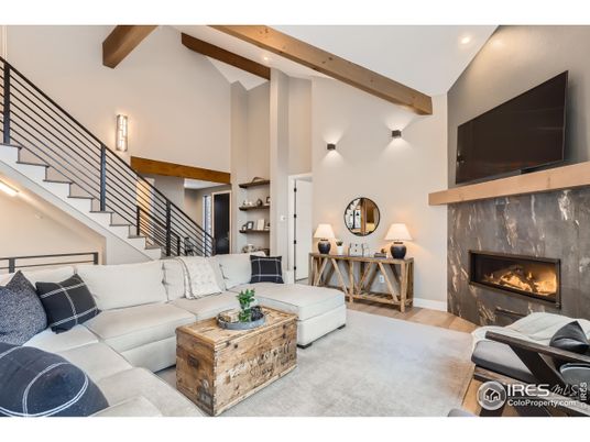 Fireplace, Interior, Living room, Recessed Lighting, Wooden Beams, Wood Texture Flooring