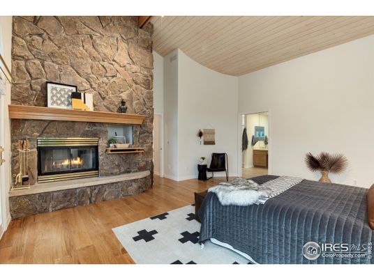 Bedroom, Fireplace, Interior, Stone Walls, Wood Texture Flooring