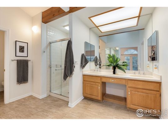 Bathroom, Dual Sink Vanities, Glass Shower, Interior, Wooden Beams