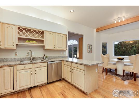 Dining room, Interior, Kitchen, Recessed Lighting, Stainless Steel Appliances, Wooden Beams, Wood Texture Flooring