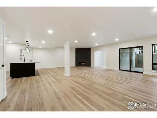Empty room, Fireplace, Interior, Recessed Lighting, Wood Texture Flooring