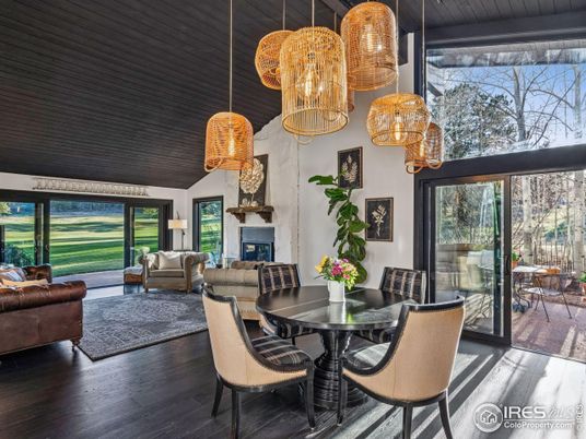 Chandelier, Dining room, Fireplace, Interior, Living room, Pendant Lights, Wood Texture Flooring