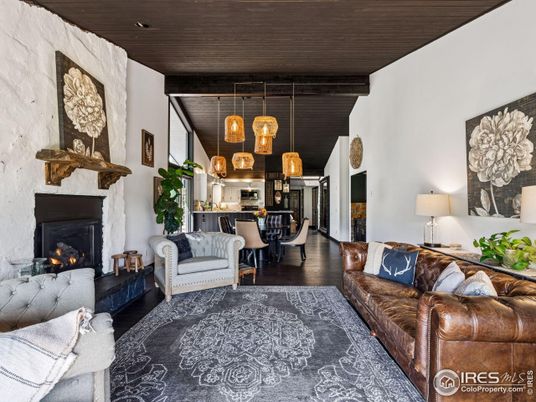 Dining room, Fireplace, Interior, Kitchen, Living room, Pendant Lights, Recessed Lighting, Wooden Ceilings, Wood Texture Flooring