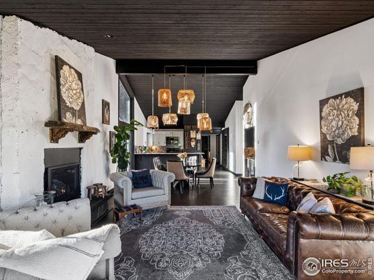 Dining room, Fireplace, Interior, Kitchen, Living room, Pendant Lights, Wooden Ceilings, Wood Texture Flooring