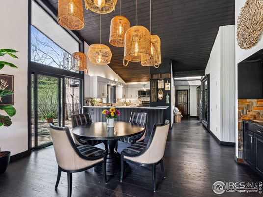 Dining room, Interior, Kitchen, Pendant Lights, Wood Texture Flooring