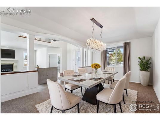 Chandelier, Dining room, Fireplace, Interior