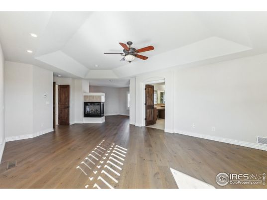 Empty room, Fireplace, Interior, Recessed Lighting, Wood Texture Flooring
