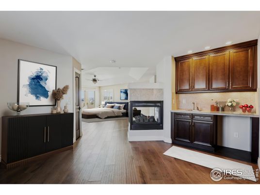 Bedroom, Fireplace, Interior, Recessed Lighting, Wood Texture Flooring