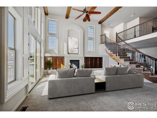 Fireplace, Interior, Living room, Recessed Lighting, Wooden Beams