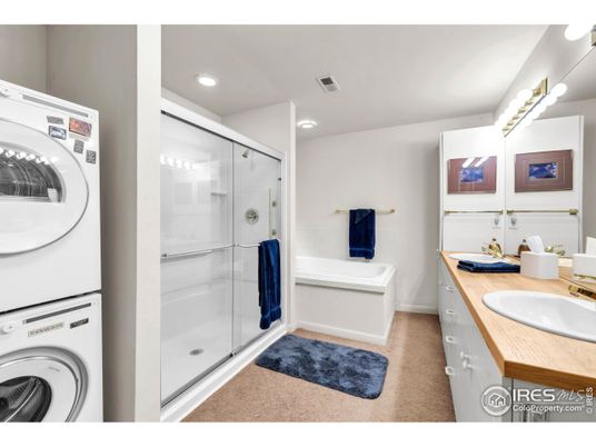 Bathroom, Dual Sink Vanities, Glass Shower, Interior, Recessed Lighting, Washer