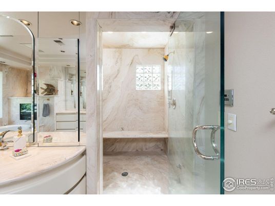Bathroom, Glass Shower, Interior, Marble Walls, Recessed Lighting