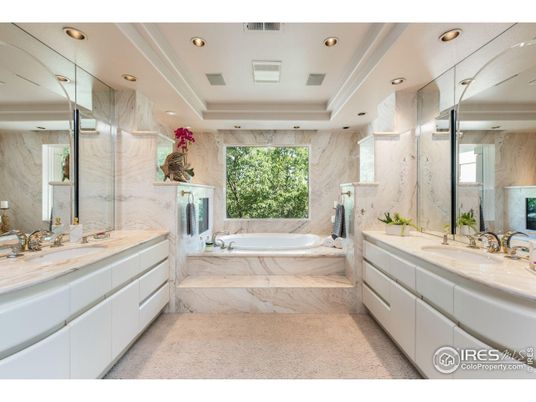 Bathroom, Dual Sink Vanities, Glass Shower, Interior, Marble Walls, Recessed Lighting