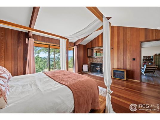 Bedroom, Fireplace, Interior, Wood Texture Flooring, Wooden Walls