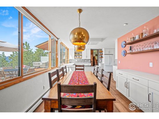 Dining room, Interior, Pendant Lights, Recessed Lighting, Wood Texture Flooring