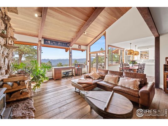 Chandelier, Dining room, Interior, Living room, Recessed Lighting, Wooden Beams, Wooden Ceilings, Wood Texture Flooring