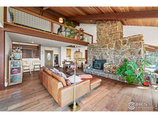 Fireplace, Interior, Living room, Recessed Lighting, Stone Walls, Wooden Beams, Wooden Ceilings, Wood Texture Flooring