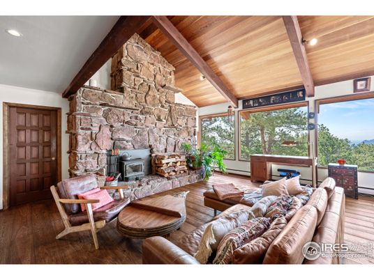 Fireplace, Interior, Living room, Recessed Lighting, Stone Walls, Wooden Beams, Wooden Ceilings, Wood Texture Flooring