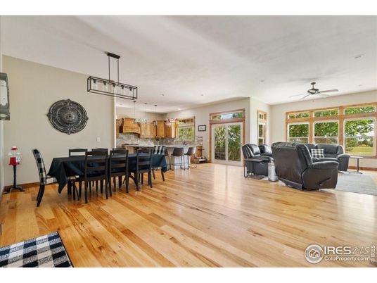 Dining room, Interior, Living room, Pendant Lights, Recessed Lighting, Wood Texture Flooring