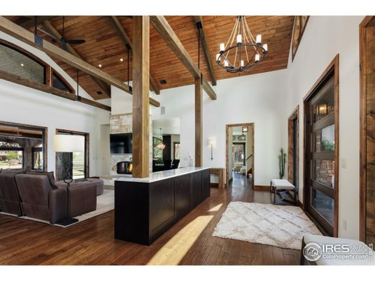 Chandelier, Fireplace, Interior, Living room, Recessed Lighting, Wooden Beams, Wooden Ceilings, Wood Texture Flooring