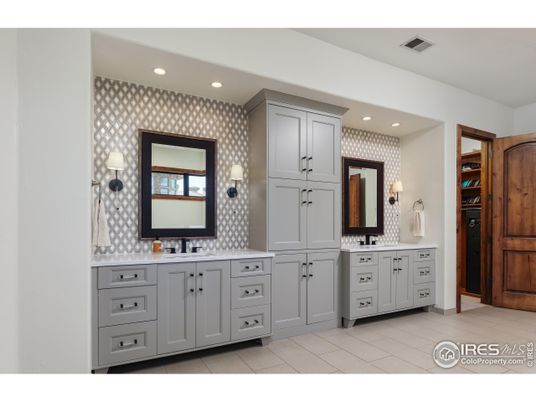 Bathroom, Dual Sink Vanities, Interior, Recessed Lighting, Wood Texture Flooring