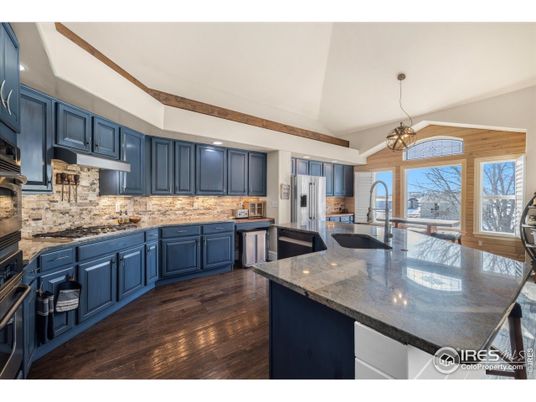 Chandelier, Interior, Kitchen, Recessed Lighting, Stainless Steel Appliances, Wood Texture Flooring