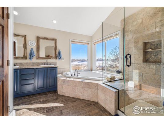 Bathroom, Glass Shower, Interior, Recessed Lighting, Stone Walls, Wood Texture Flooring